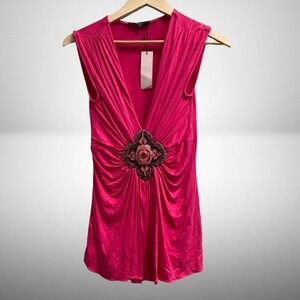 NEW Sky Women's Ruched V-Neck Medallion Sleeveless Top Fuchsia Pink Small